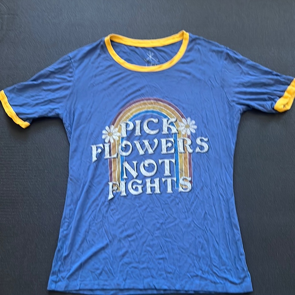 Life Clothing Co Small Blue Graphic Tee “Pick Flowers Not Fights”